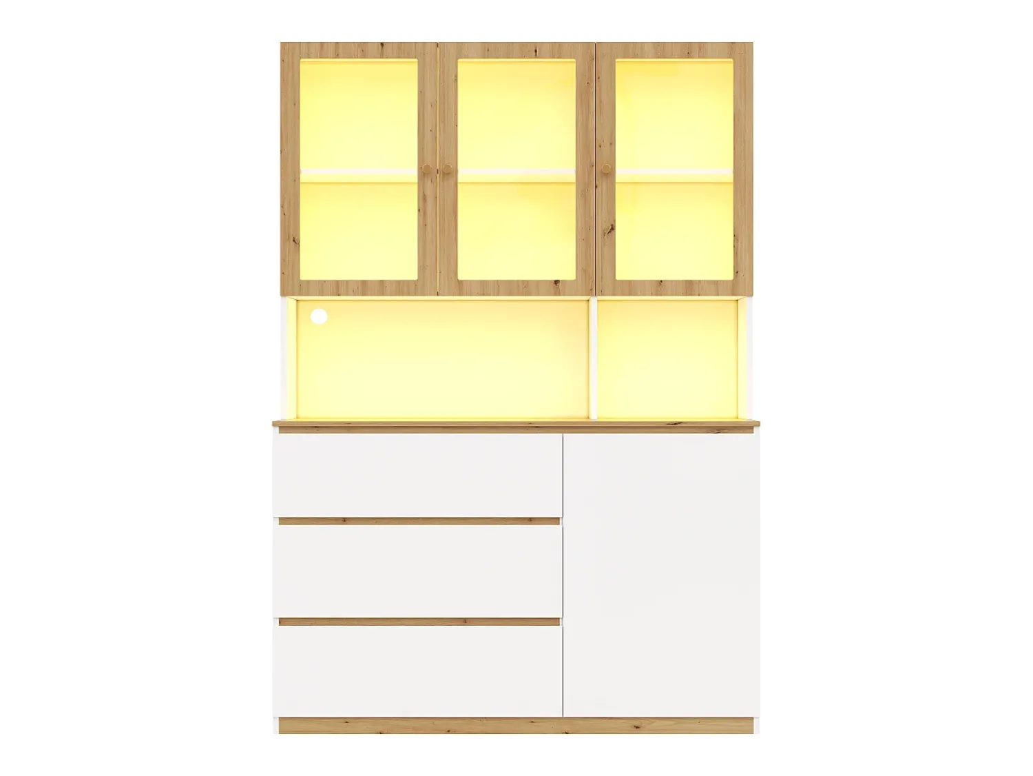 ModernLuxe Vitrine/armário alto con iluminação LED - 200 cm de altura - 4 portas e 3 gavetas - Branco e natural^ Vitrina