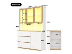 ModernLuxe Vitrine/armário alto con iluminação LED - 200 cm de altura - 4 portas e 3 gavetas - Branco e natural^ Vitrina