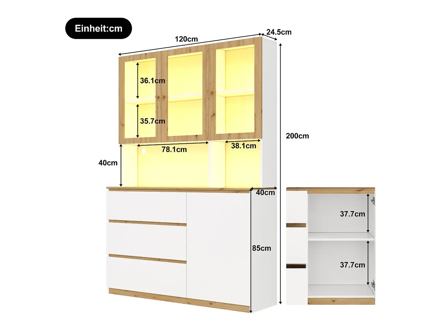 ModernLuxe Vitrine/armário alto con iluminação LED - 200 cm de altura - 4 portas e 3 gavetas - Branco e natural^ Vitrina