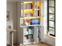 Vitrina*ModernLuxe Vitrine/estante de vidro 100×35×200 cm - con iluminação LED - prateleiras abertas e 6 portas - MDF - Branco