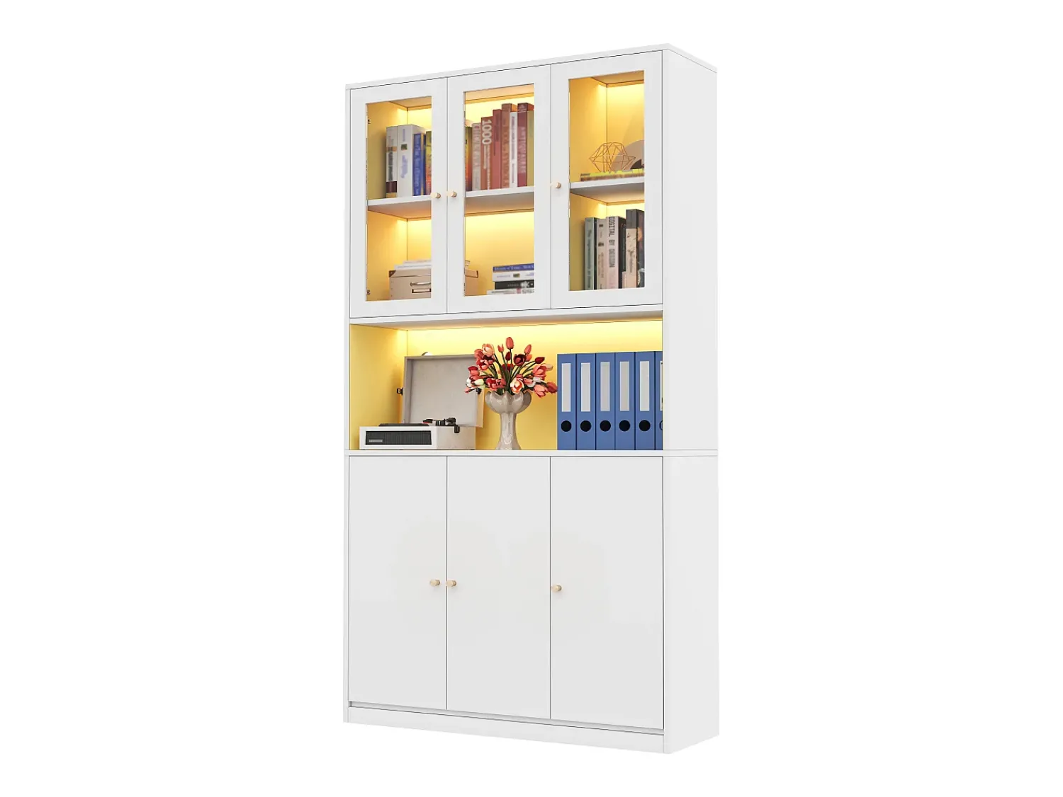 Vitrina*ModernLuxe Vitrine/estante de vidro 100×35×200 cm - con iluminação LED - prateleiras abertas e 6 portas - MDF - Branco