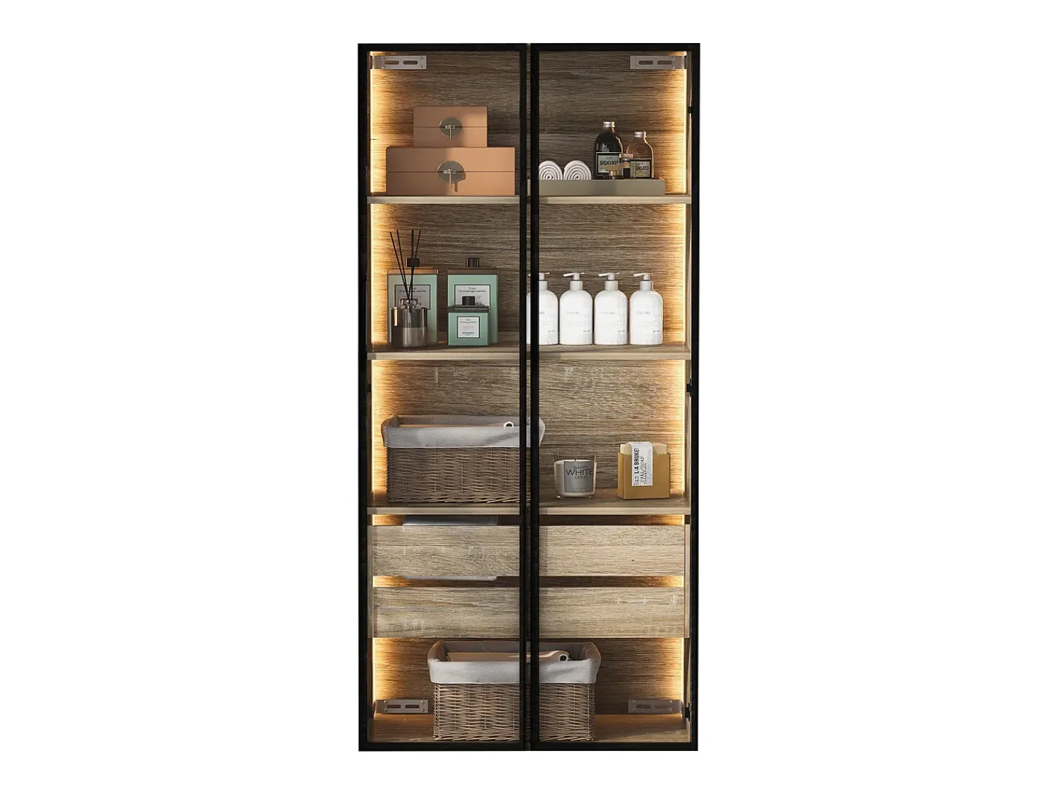 Vitrina*ModernLuxe Vitrine、Móveis de casa de banho com LED - 2 gavetas grandes e 2 portas de vidro - Natural Natural claro