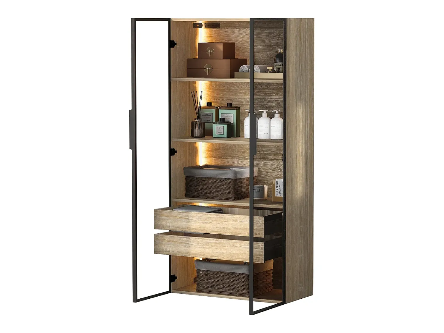 Vitrina*ModernLuxe Vitrine、Móveis de casa de banho com LED - 2 gavetas grandes e 2 portas de vidro - Natural Natural claro