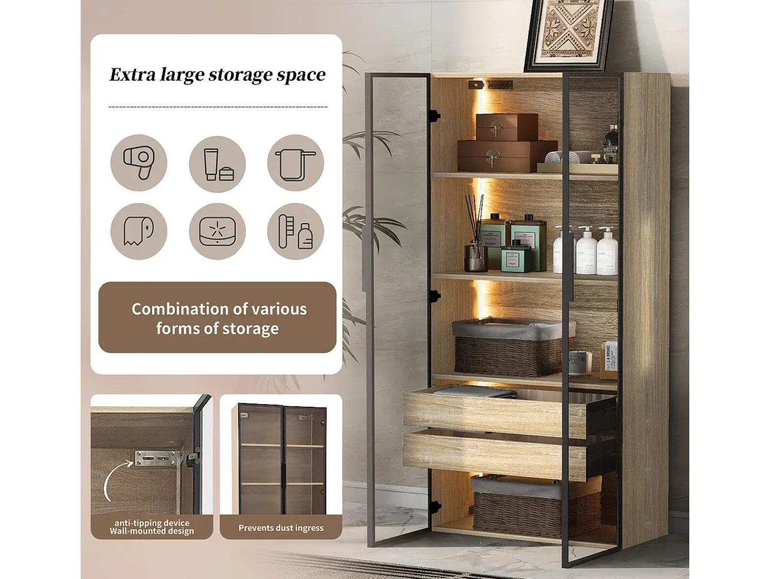 Vitrina*ModernLuxe Vitrine、Móveis de casa de banho com LED - 2 gavetas grandes e 2 portas de vidro - Natural Natural claro