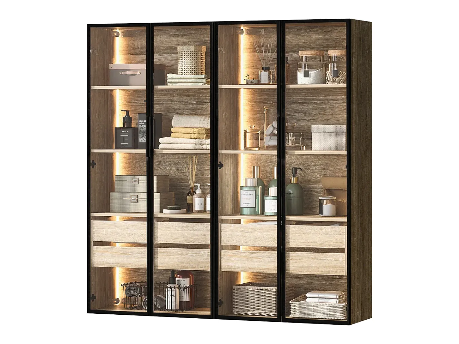 Vitrina*ModernLuxe Vitrines、Móveis de casa de banho com LED - 2 gavetas grandes e 2 portas de vidro - Natural Natural claro
