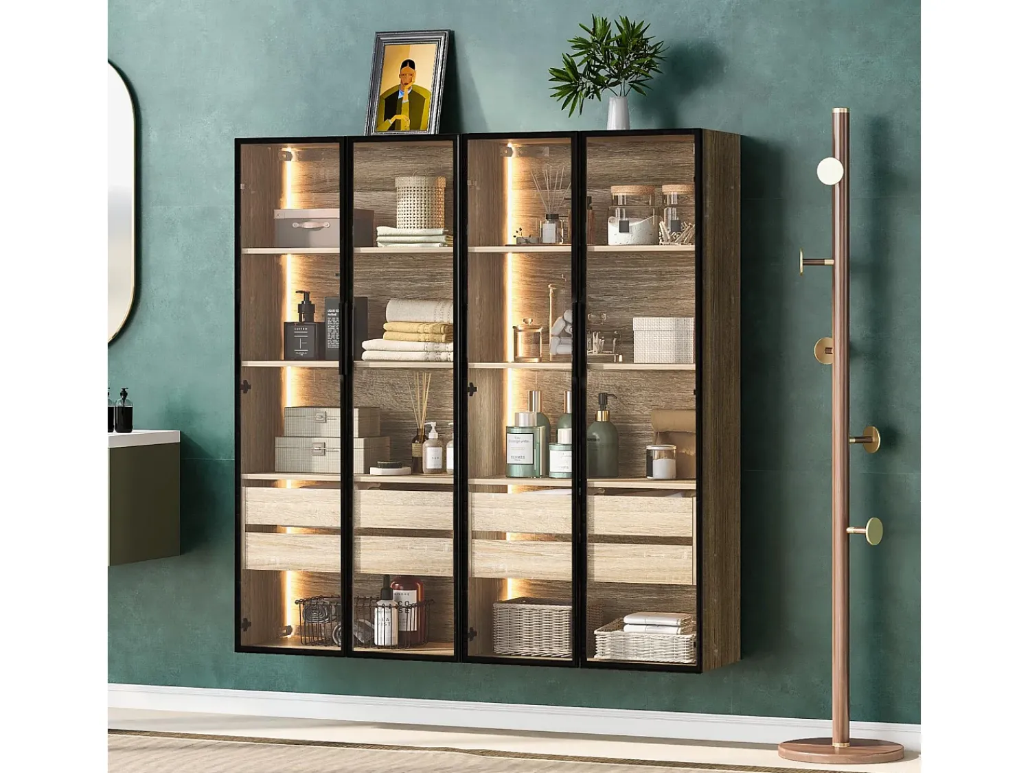Vitrina*ModernLuxe Vitrines、Móveis de casa de banho com LED - 2 gavetas grandes e 2 portas de vidro - Natural Natural claro