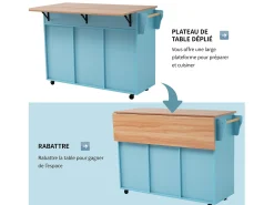 Móvel De Arrumação* 129x46x91,5cm Carrinho de cozinha, carrinho de sala de jantar, bancada dobrável, armário de arrumação, Azul